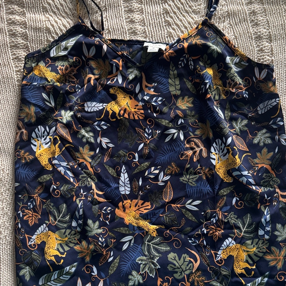 J. Crew Navy and Orange Leaf Print Top